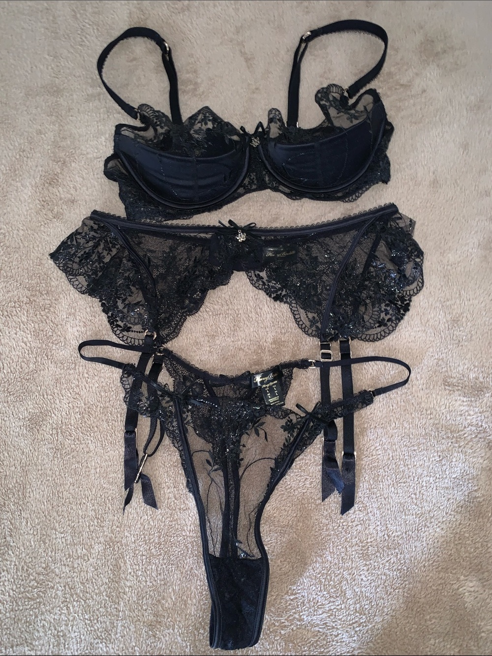 Honey Birdette Black “Eleanor” Lace BlackUnderwire Bra, Garter Belt & Thong Set